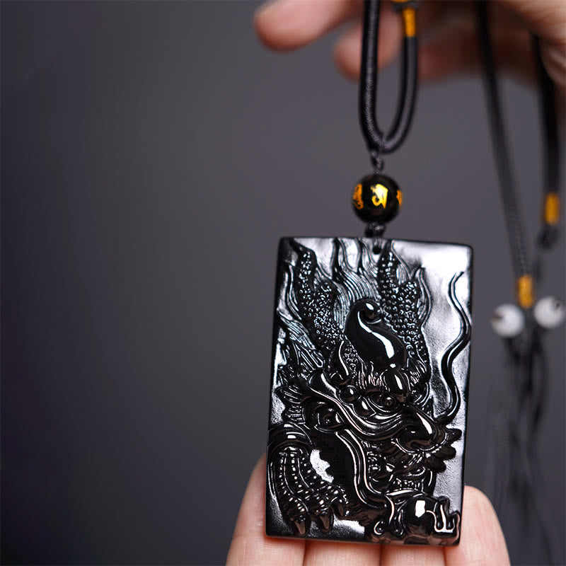 Buddha Stones Naturalny Czarny Obsydian Prostokątny Smok Grawerowany Naszyjnik Sukces Wisiorek - Smok 61mm*40mm - image 9