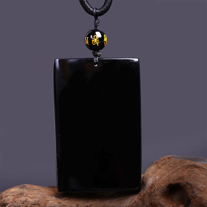 Buddha Stones Naturalny Czarny Obsydian Prostokątny Smok Grawerowany Naszyjnik Sukces Wisiorek - image 15
