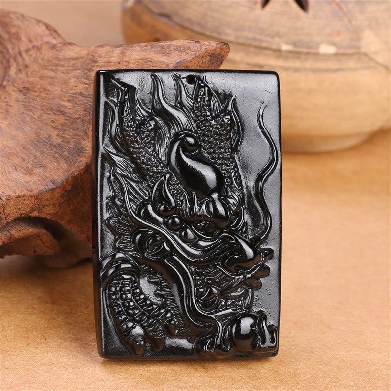 Buddha Stones Naturalny Czarny Obsydian Prostokątny Smok Grawerowany Naszyjnik Sukces Wisiorek - image 16