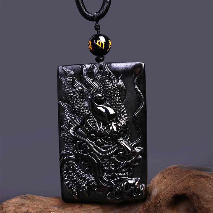Buddha Stones Naturalny Czarny Obsydian Prostokątny Smok Grawerowany Naszyjnik Sukces Wisiorek - image 14