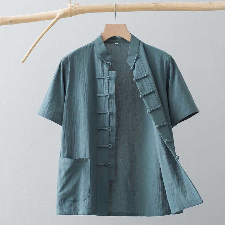 Buddha Stones Chiński Żaba-Guzik Tang Suit Męska Koszula Z Krótkim Rękawem Bawełna Lniana Odzież Z Kieszeniami - CadetBlue - US/UK/AU44， EU54 (4XL) - image 8