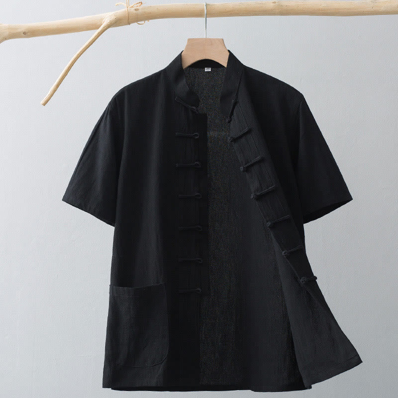 Buddha Stones Chiński Żaba-Guzik Tang Suit Męska Koszula Z Krótkim Rękawem Bawełna Lniana Odzież Z Kieszeniami - Czarny - US/UK/AU44， EU54 (4XL) - image 15