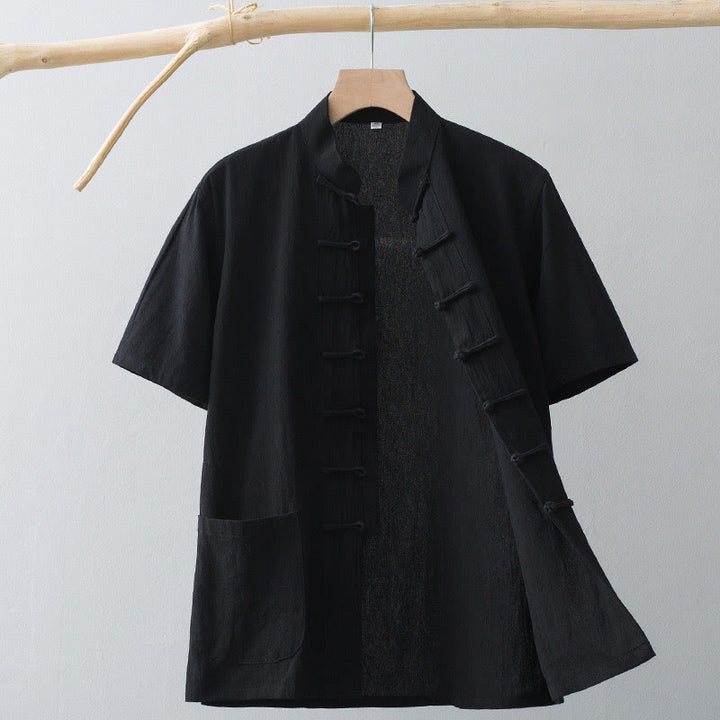 Buddha Stones Chiński Żaba-Guzik Tang Suit Męska Koszula Z Krótkim Rękawem Bawełna Lniana Odzież Z Kieszeniami - Czarny - US/UK/AU44， EU54 (4XL) - image 15