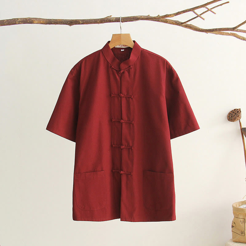 Buddha Stones Chiński Żaba-Guzik Tang Suit Męska Koszula Bawełniana Z Krótkim Rękawem I Kieszeniami - IndianRed - US/UK/AU44， EU54 (4XL) - image 17