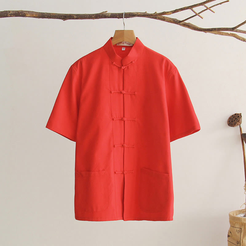 Buddha Stones Chiński Żaba-Guzik Tang Suit Męska Koszula Bawełniana Z Krótkim Rękawem I Kieszeniami - Pomarańczowo-czerwony - US/UK/AU44， EU54 (4XL) - image 15