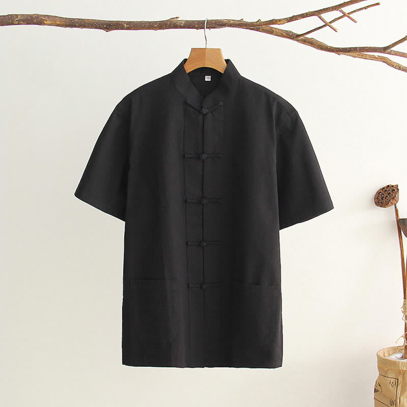 Buddha Stones Chiński Żaba-Guzik Tang Suit Męska Koszula Bawełniana Z Krótkim Rękawem I Kieszeniami - Czarny - US/UK/AU44， EU54 (4XL) - image 19