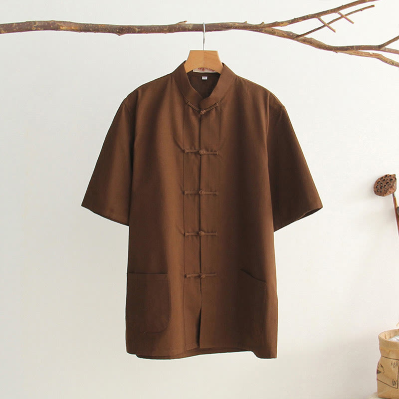 Buddha Stones Chiński Żaba-Guzik Tang Suit Męska Koszula Bawełniana Z Krótkim Rękawem I Kieszeniami - SaddleBrown - US/UK/AU44， EU54 (4XL) - image 23