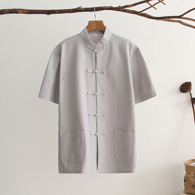 Buddha Stones Chiński Żaba-Guzik Tang Suit Męska Koszula Bawełniana Z Krótkim Rękawem I Kieszeniami - Jasnoszary - US/UK/AU44， EU54 (4XL) - image 8