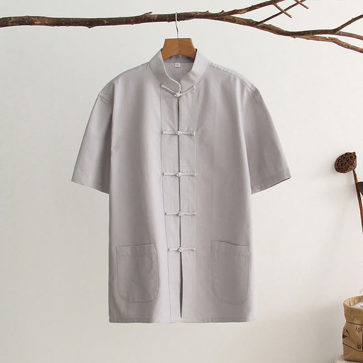 Buddha Stones Chiński Żaba-Guzik Tang Suit Męska Koszula Bawełniana Z Krótkim Rękawem I Kieszeniami - Jasnoszary - US/UK/AU44， EU54 (4XL) - image 8