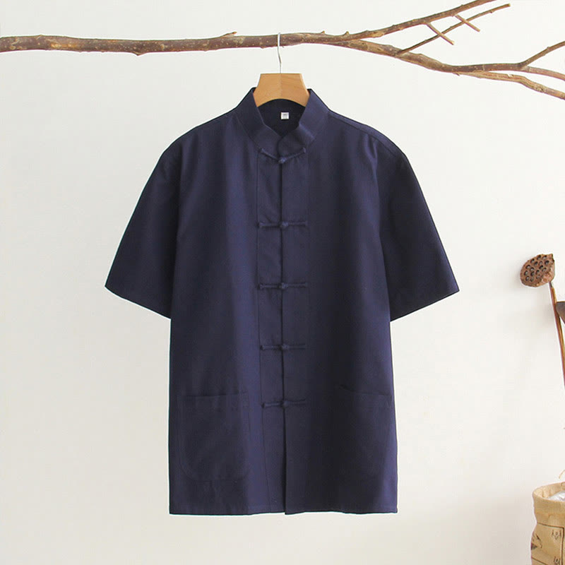 Buddha Stones Chiński Żaba-Guzik Tang Suit Męska Koszula Bawełniana Z Krótkim Rękawem I Kieszeniami - MidnightBlue - US/UK/AU44， EU54 (4XL) - image 13