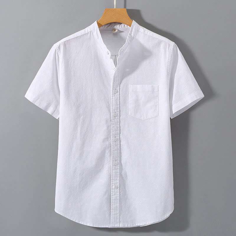 Koszula męska z krótkim rękawem i bawełną z lnu Buddha Stones Summer Button Down - Biały - US/UK/AU42， EU52 (3XL)  - image 4