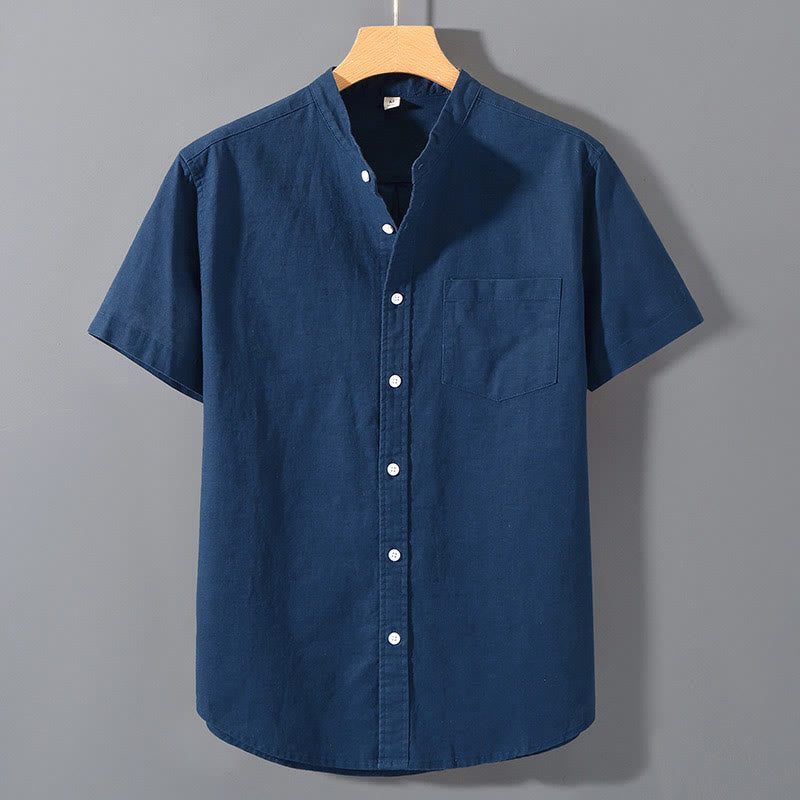 Koszula męska z krótkim rękawem i bawełną z lnu Buddha Stones Summer Button Down - Stalowoniebieski - US/UK/AU42， EU52 (3XL)  - image 17