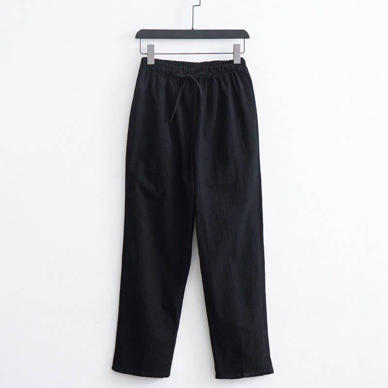 Spodnie męskie Buddha Stones w jednolitym kolorze, bawełniane, lniane, swobodne, ze ściągaczem i kieszeniami - Czarny - US/UK/AU44， EU54 (4XL)  - image 1