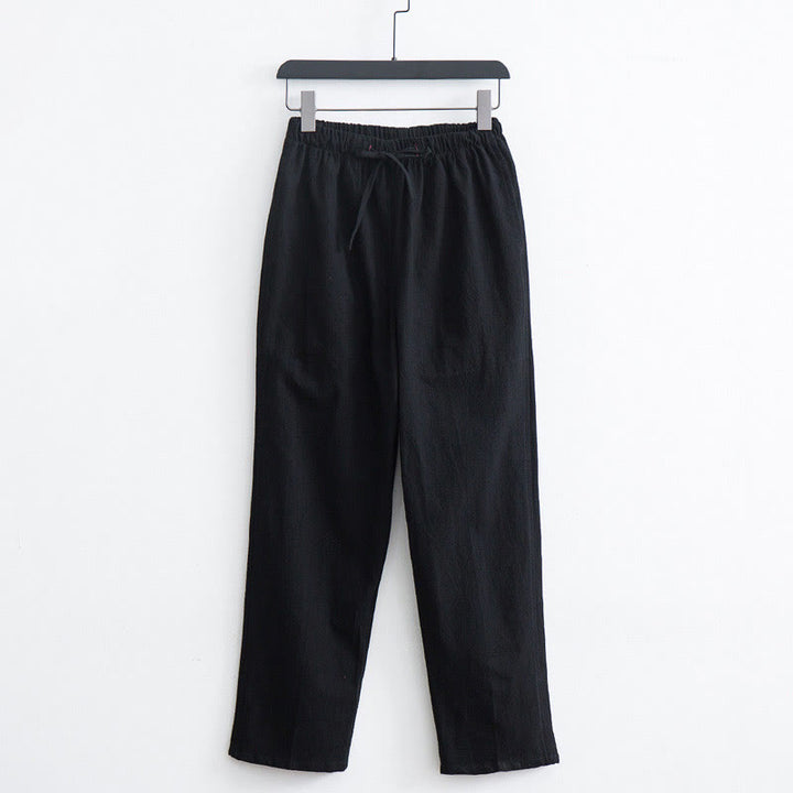 Spodnie męskie Buddha Stones w jednolitym kolorze, bawełniane, lniane, swobodne, ze ściągaczem i kieszeniami - Czarny - US/UK/AU44， EU54 (4XL)  - image 1