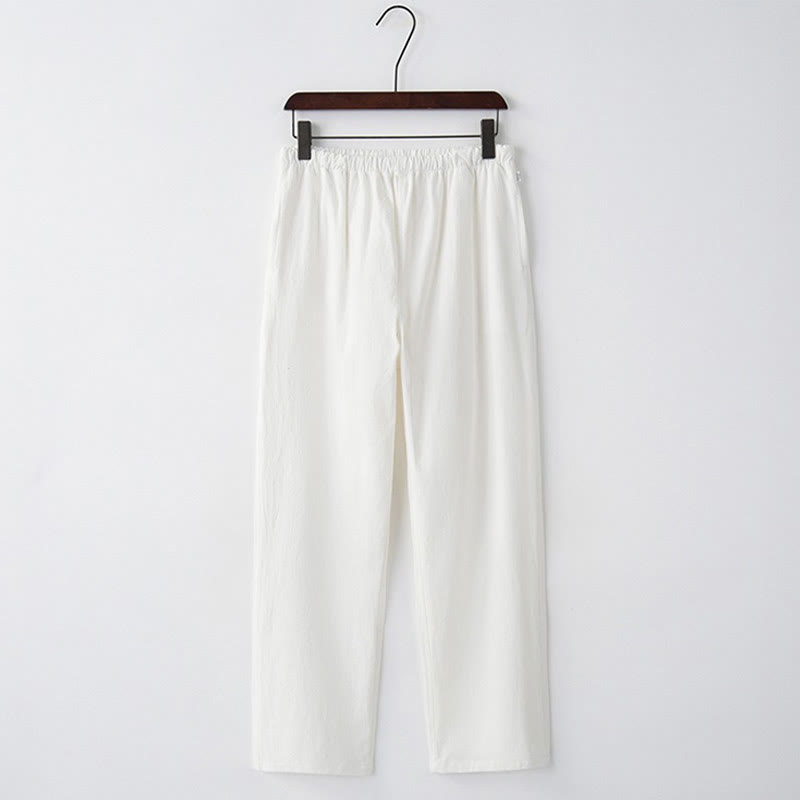 Spodnie męskie Buddha Stones w jednolitym kolorze, bawełniane, lniane, swobodne, ze ściągaczem i kieszeniami - Biały - US/UK/AU44， EU54 (4XL)  - image 9