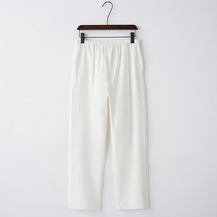 Spodnie męskie Buddha Stones w jednolitym kolorze, bawełniane, lniane, swobodne, ze ściągaczem i kieszeniami - Biały - US/UK/AU44， EU54 (4XL)  - image 9