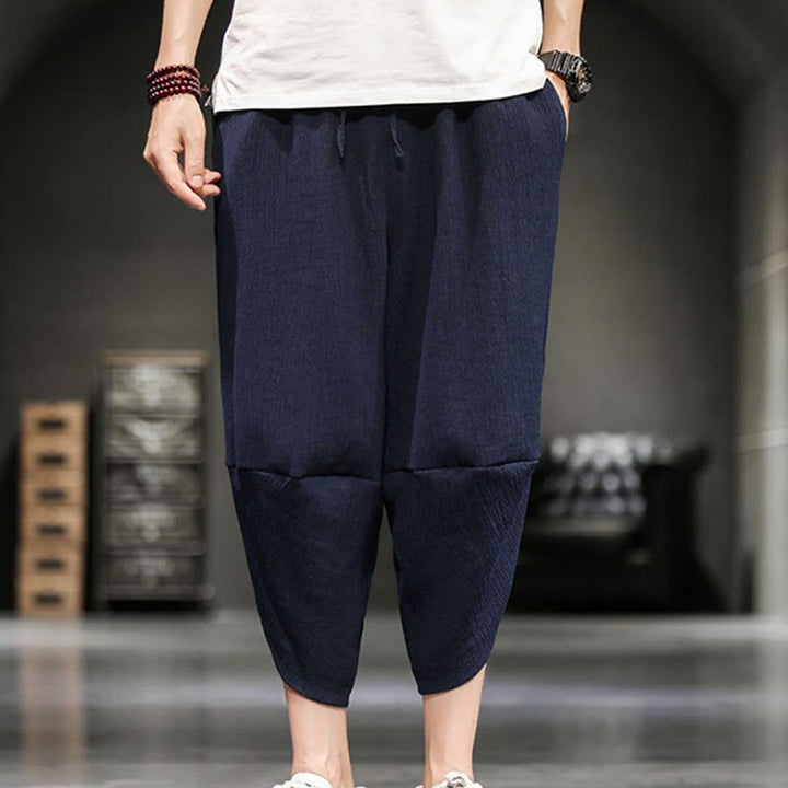 Spodnie męskie z bawełny i lnu Buddha Stones Summer Solid Cropped z kieszeniami - image 18