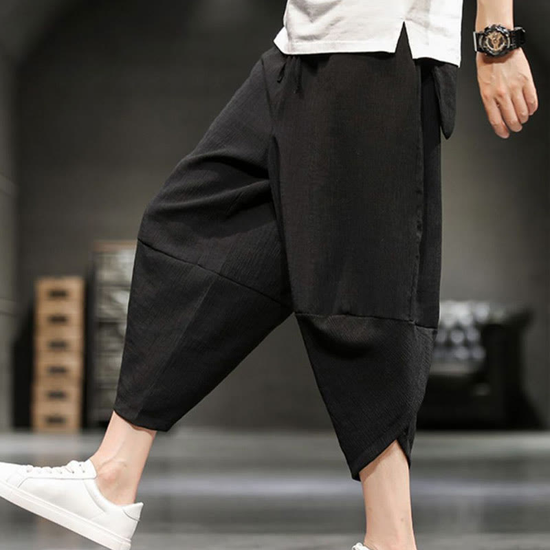 Spodnie męskie z bawełny i lnu Buddha Stones Summer Solid Cropped z kieszeniami - image 31