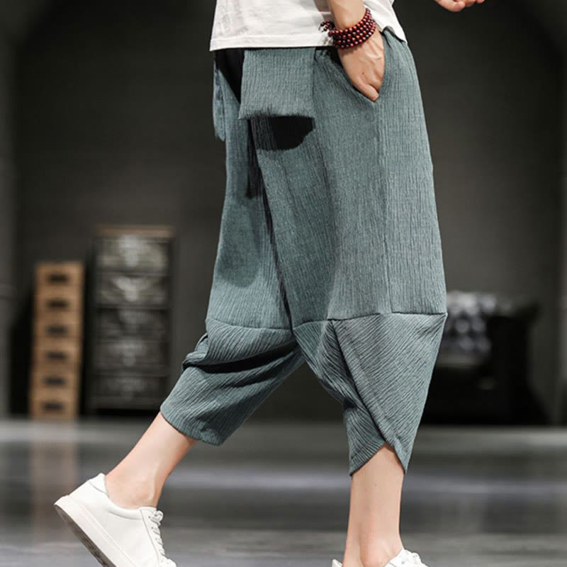 Spodnie męskie z bawełny i lnu Buddha Stones Summer Solid Cropped z kieszeniami - image 12