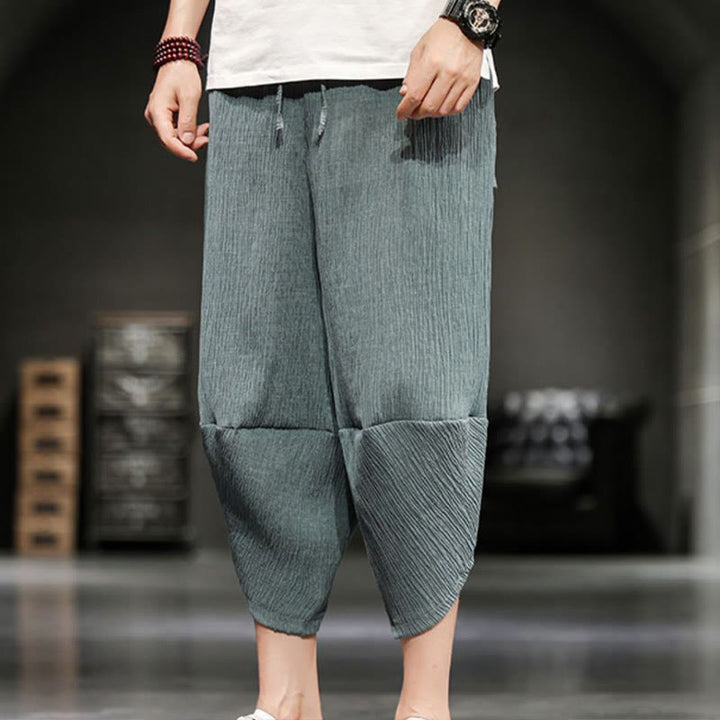 Spodnie męskie z bawełny i lnu Buddha Stones Summer Solid Cropped z kieszeniami - image 15