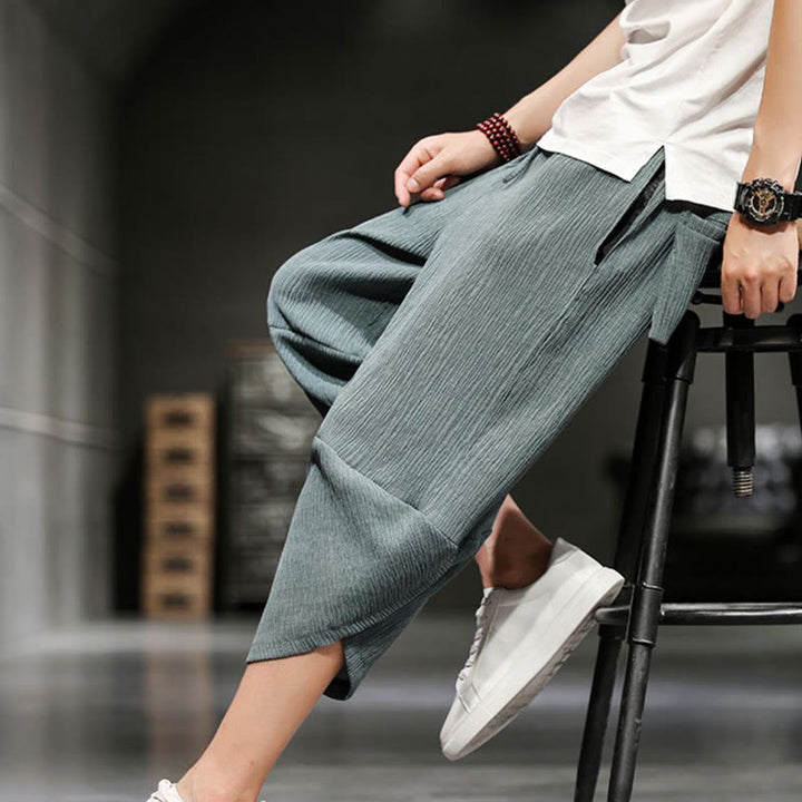 Spodnie męskie z bawełny i lnu Buddha Stones Summer Solid Cropped z kieszeniami - image 13