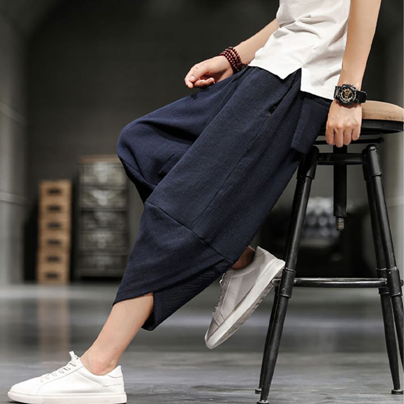 Spodnie męskie z bawełny i lnu Buddha Stones Summer Solid Cropped z kieszeniami - image 20