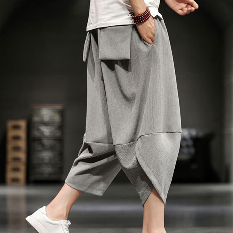 Spodnie męskie z bawełny i lnu Buddha Stones Summer Solid Cropped z kieszeniami - image 3