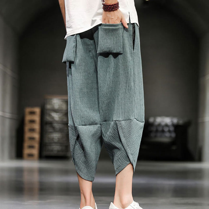 Spodnie męskie z bawełny i lnu Buddha Stones Summer Solid Cropped z kieszeniami - image 12