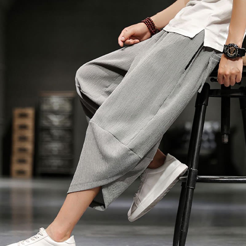 Spodnie męskie z bawełny i lnu Buddha Stones Summer Solid Cropped z kieszeniami - image 4