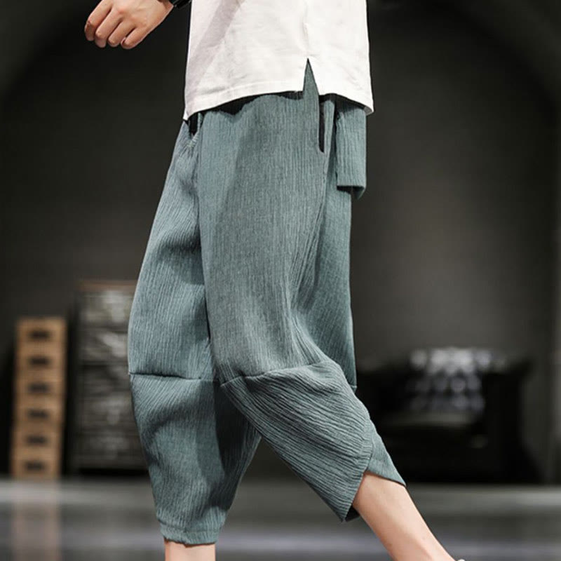 Spodnie męskie z bawełny i lnu Buddha Stones Summer Solid Cropped z kieszeniami - DarkSeaGreen - US/UK/AU46， EU56 (5XL)  - image 9