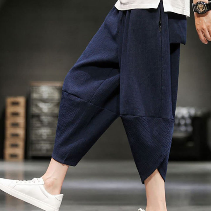 Spodnie męskie z bawełny i lnu Buddha Stones Summer Solid Cropped z kieszeniami - image 22