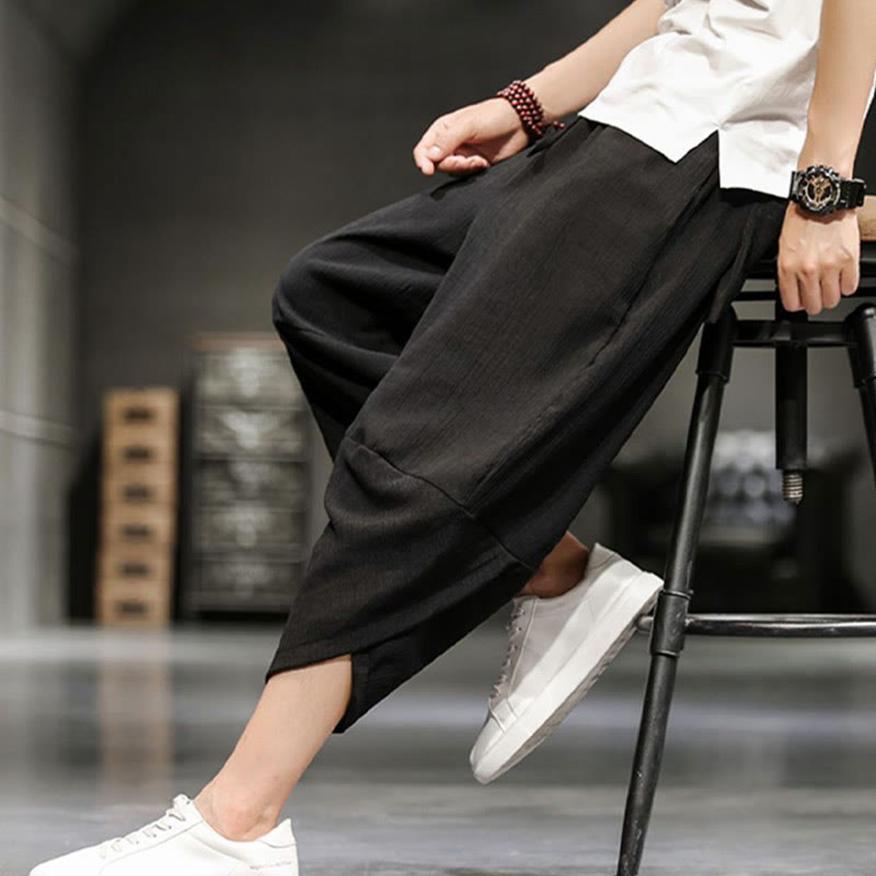 Spodnie męskie z bawełny i lnu Buddha Stones Summer Solid Cropped z kieszeniami - image 28