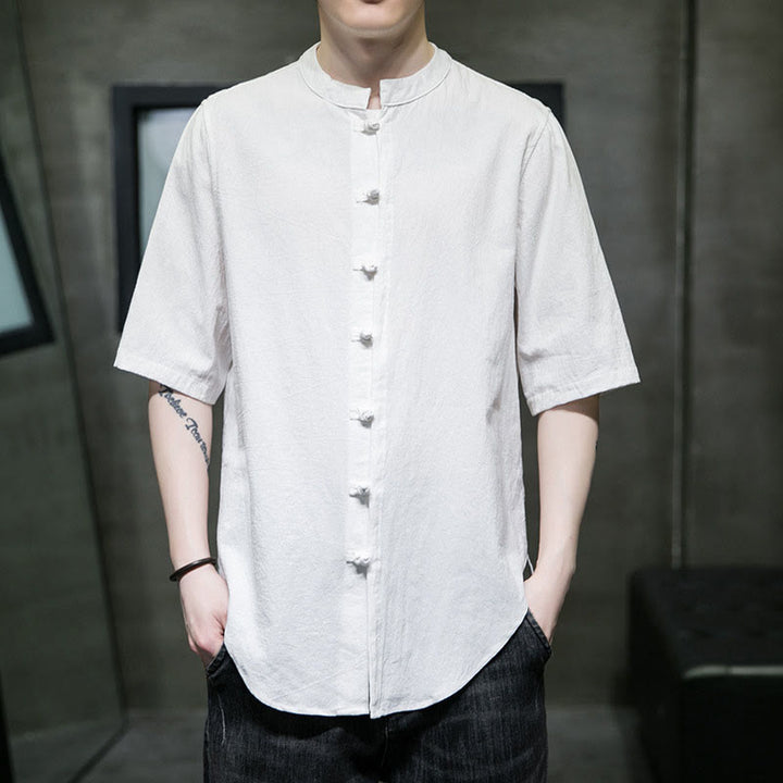 Koszula męska z krótkim rękawem z bawełny Buddha Stones Plain Color - Biały - US/UK/AU46， EU56 (5XL)  - image 0