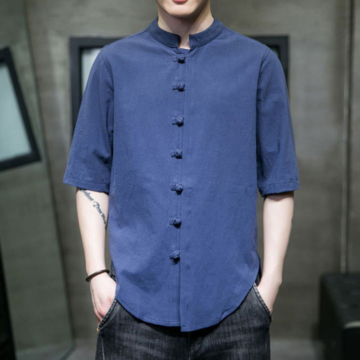 Koszula męska z krótkim rękawem z bawełny Buddha Stones Plain Color - Stalowoniebieski - US/UK/AU46， EU56 (5XL)  - image 22