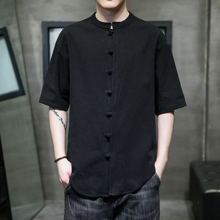 Koszula męska z krótkim rękawem z bawełny Buddha Stones Plain Color - Czarny - US/UK/AU46， EU56 (5XL)  - image 16