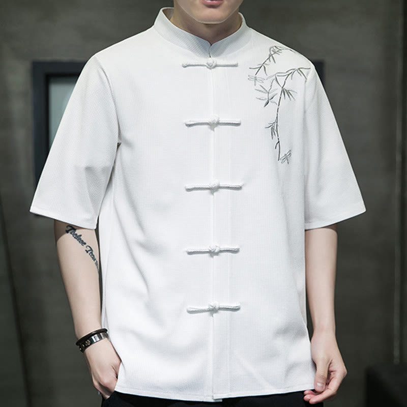 Koszula męska z krótkim rękawem i haftem „Buddha Stones Frog-Button Leaf Dragonfly” - image 1