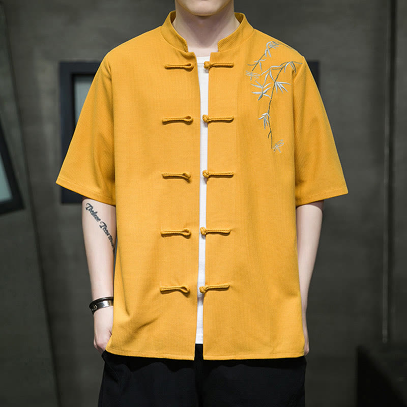 Koszula męska z krótkim rękawem i haftem „Buddha Stones Frog-Button Leaf Dragonfly” - Złoto - US/UK/AU46， EU56 (5XL)  - image 6