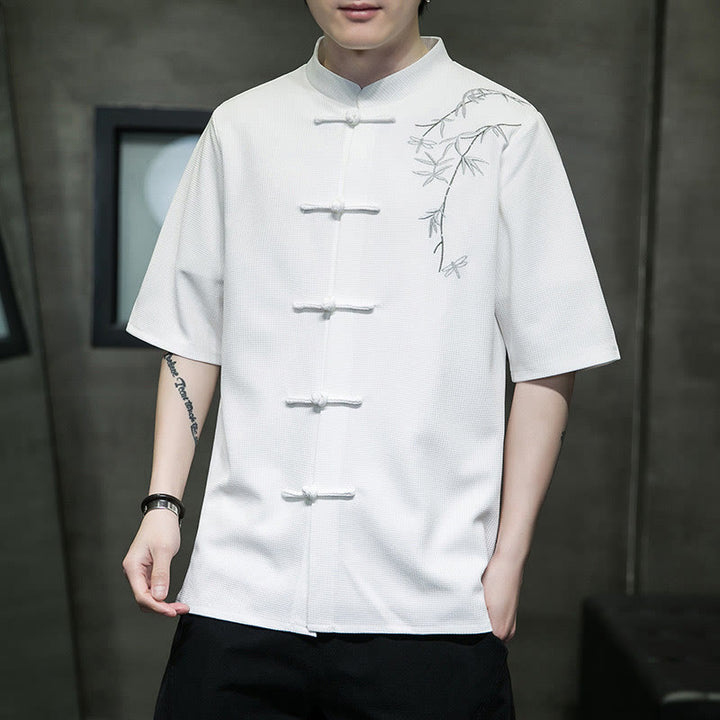 Koszula męska z krótkim rękawem i haftem „Buddha Stones Frog-Button Leaf Dragonfly” - image 5