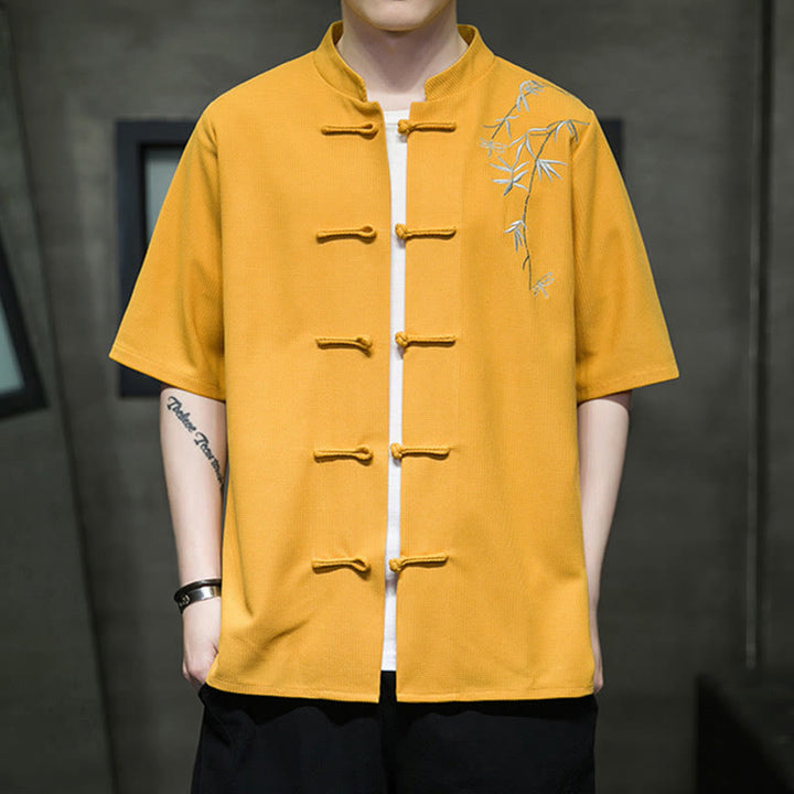 Koszula męska z krótkim rękawem i haftem „Buddha Stones Frog-Button Leaf Dragonfly” - Złoto - US/UK/AU46， EU56 (5XL)  - image 6