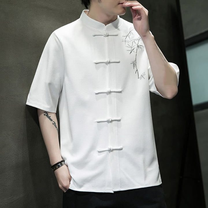 Koszula męska z krótkim rękawem i haftem „Buddha Stones Frog-Button Leaf Dragonfly” - image 3