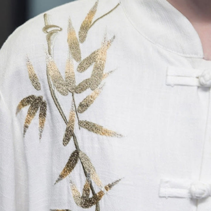 Buddha Stones Chiński Żaba-Guzik Tang Suit Bambusowe Liście Długi Rękaw Koszula Bawełniana Lniana Męska Kurtka - image 4