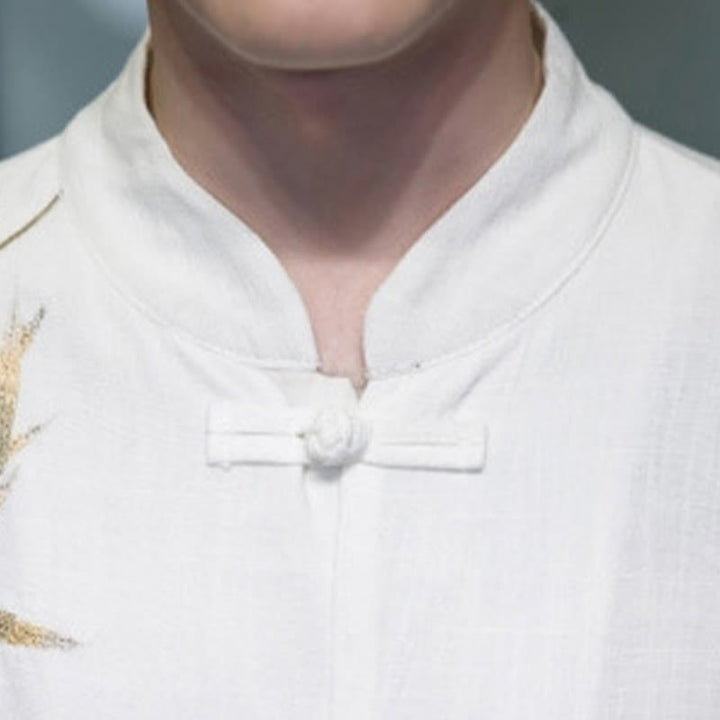 Buddha Stones Chiński Żaba-Guzik Tang Suit Bambusowe Liście Długi Rękaw Koszula Bawełniana Lniana Męska Kurtka - image 3