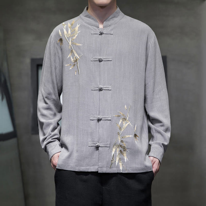 Buddha Stones Chiński Żaba-Guzik Tang Suit Bambusowe Liście Długi Rękaw Koszula Bawełniana Lniana Męska Kurtka - Jasnoszary - US/UK/AU46， EU56 (5XL)  - image 11