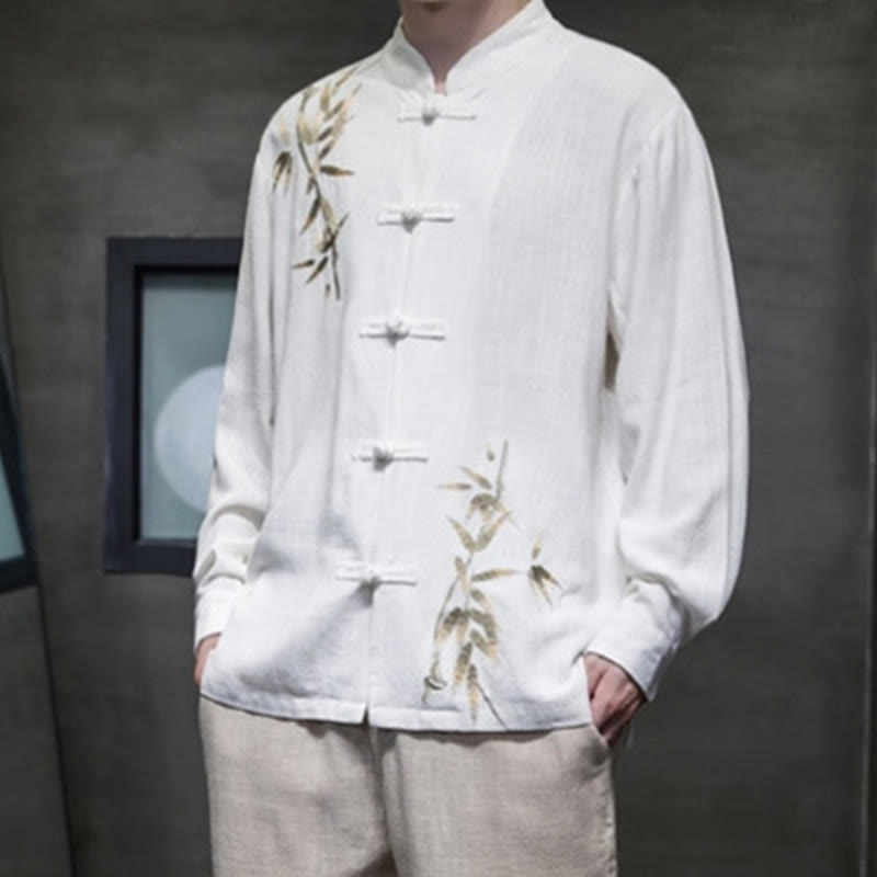 Buddha Stones Chiński Żaba-Guzik Tang Suit Bambusowe Liście Długi Rękaw Koszula Bawełniana Lniana Męska Kurtka - image 1