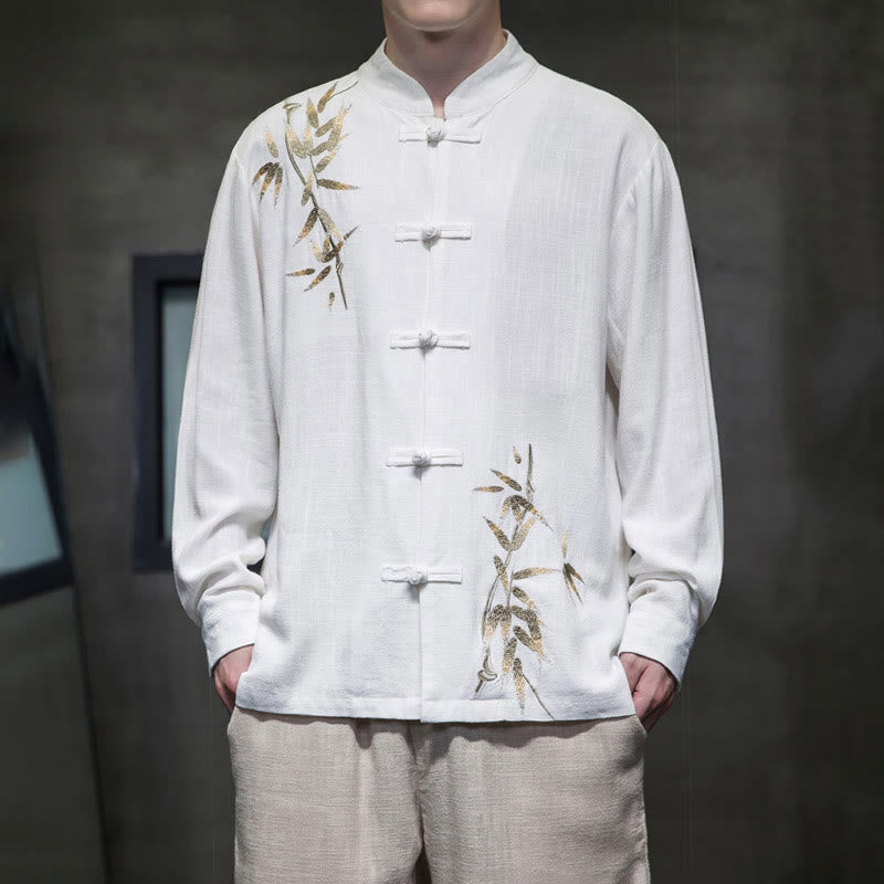 Buddha Stones Chiński Żaba-Guzik Tang Suit Bambusowe Liście Długi Rękaw Koszula Bawełniana Lniana Męska Kurtka - Biały - US/UK/AU46， EU56 (5XL)  - image 0