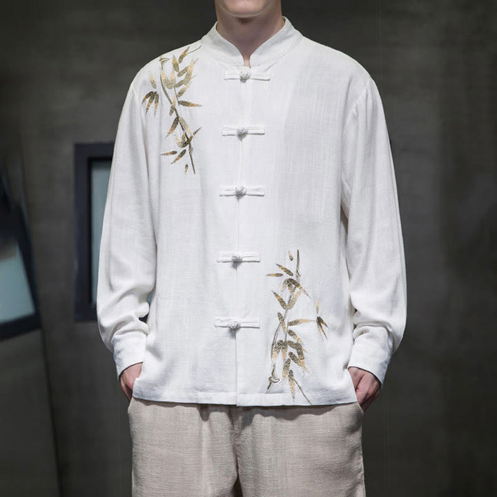 Buddha Stones Chiński Żaba-Guzik Tang Suit Bambusowe Liście Długi Rękaw Koszula Bawełniana Lniana Męska Kurtka - Biały - US/UK/AU46， EU56 (5XL)  - image 0