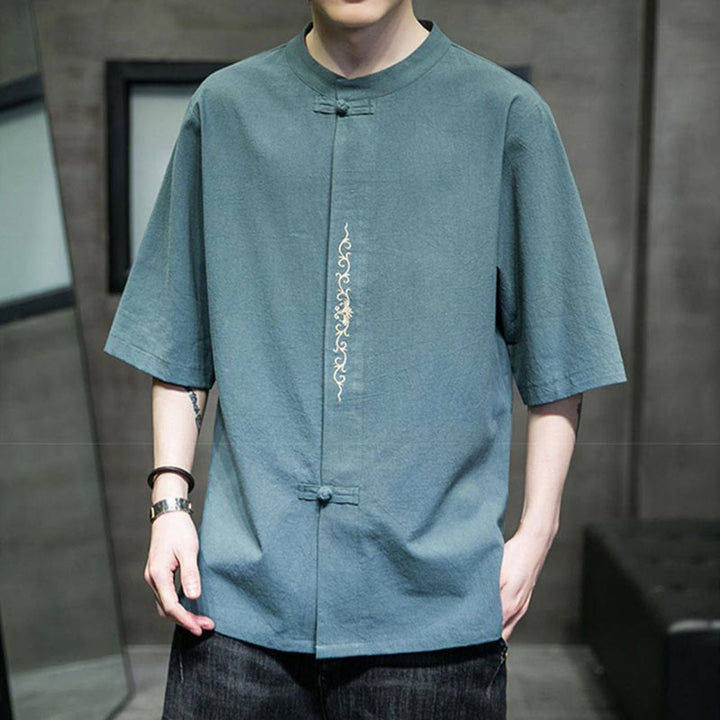 Koszula męska z krótkim rękawem bawełniana z haftem żaba-guzik w jednolitym kolorze z Buddha Stones - image 6