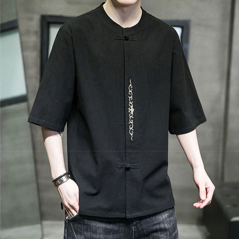 Koszula męska z krótkim rękawem bawełniana z haftem żaba-guzik w jednolitym kolorze z Buddha Stones - image 15