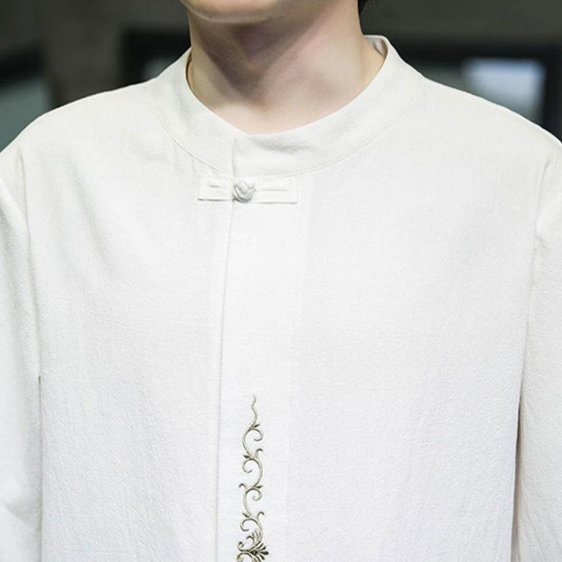 Koszula męska z krótkim rękawem bawełniana z haftem żaba-guzik w jednolitym kolorze z Buddha Stones - image 23