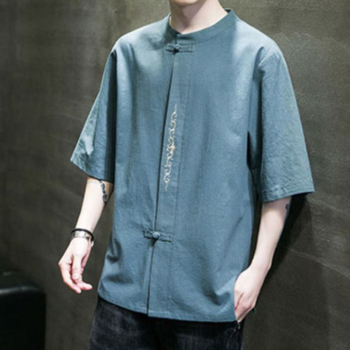 Koszula męska z krótkim rękawem bawełniana z haftem żaba-guzik w jednolitym kolorze z Buddha Stones - image 2